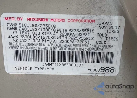 2008 Mitsubishi Outlander Xls z USA, uszkodzony, nr VIN JA4MT41X38Z008137